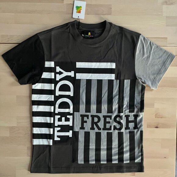 Teddy Fresh Grey Monochrome Box Paneled Tee T-Shirt size XS Relaxed Fit NWT NEW - Picture 1 of 6